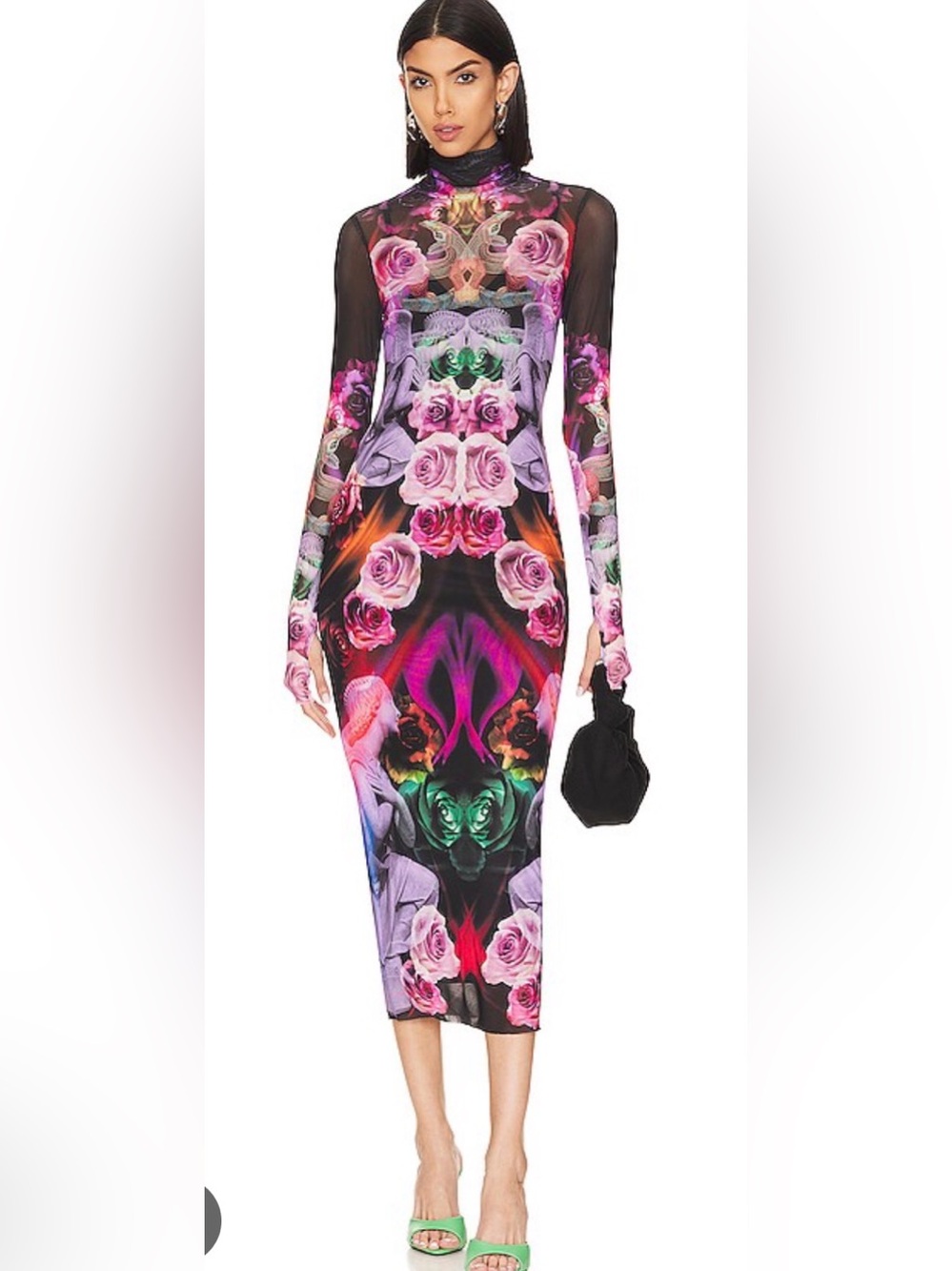 AFRM Long-Sleeve Floral Mirror-Print Midi Dress in Black, Pink & Green